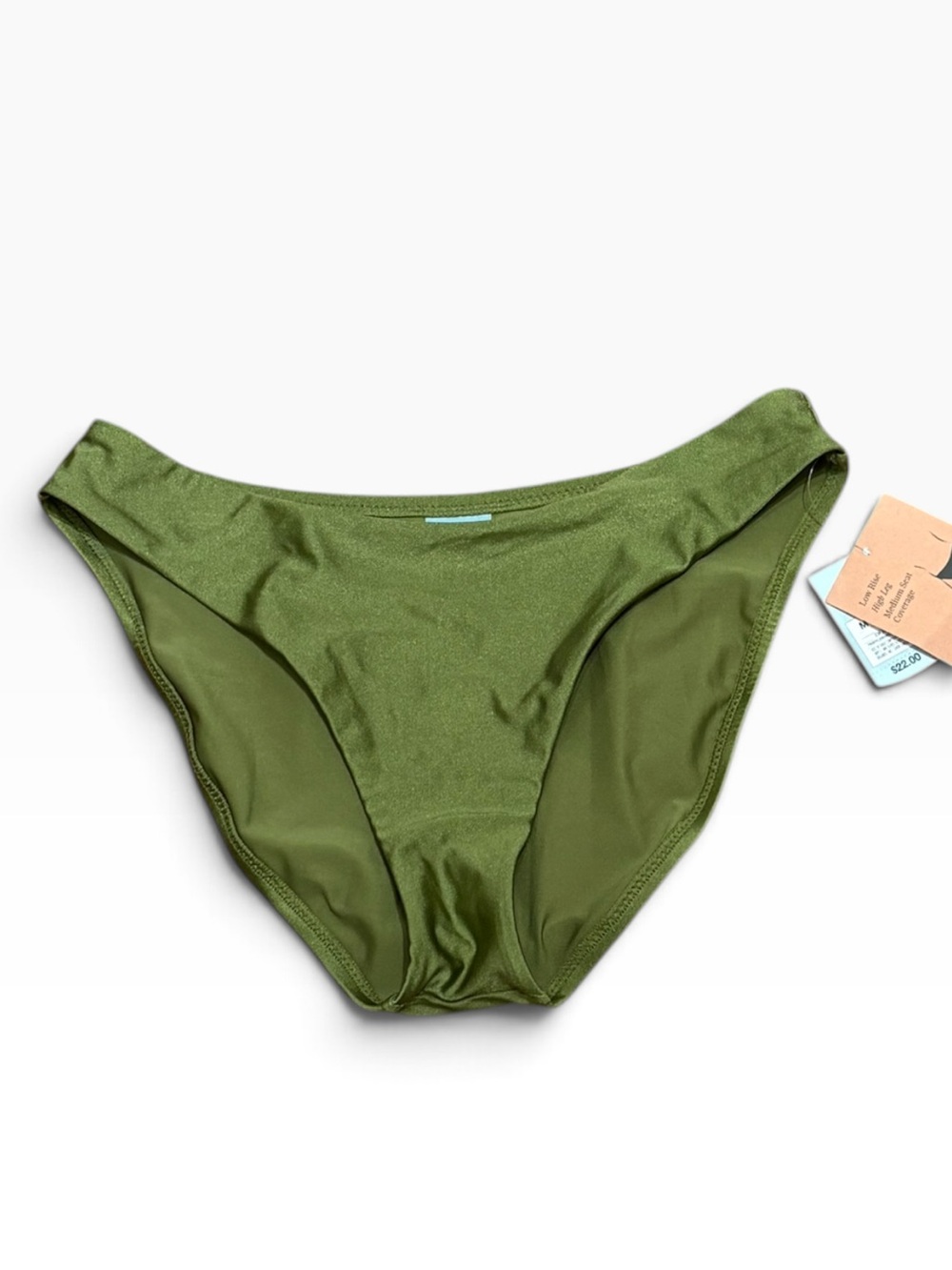 Shade and Shore Shiny Olive Green Low Rise High Leg Bikini Bottoms, Size M